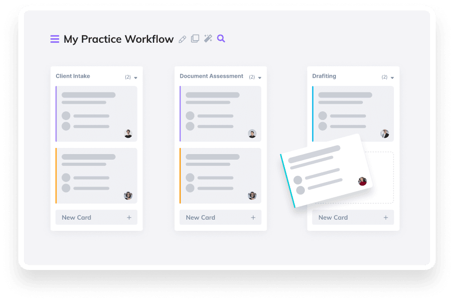 Legalboards My Tasks board showing Pending, In Progress, Needs Review, and Done columns with task assignment automation notification