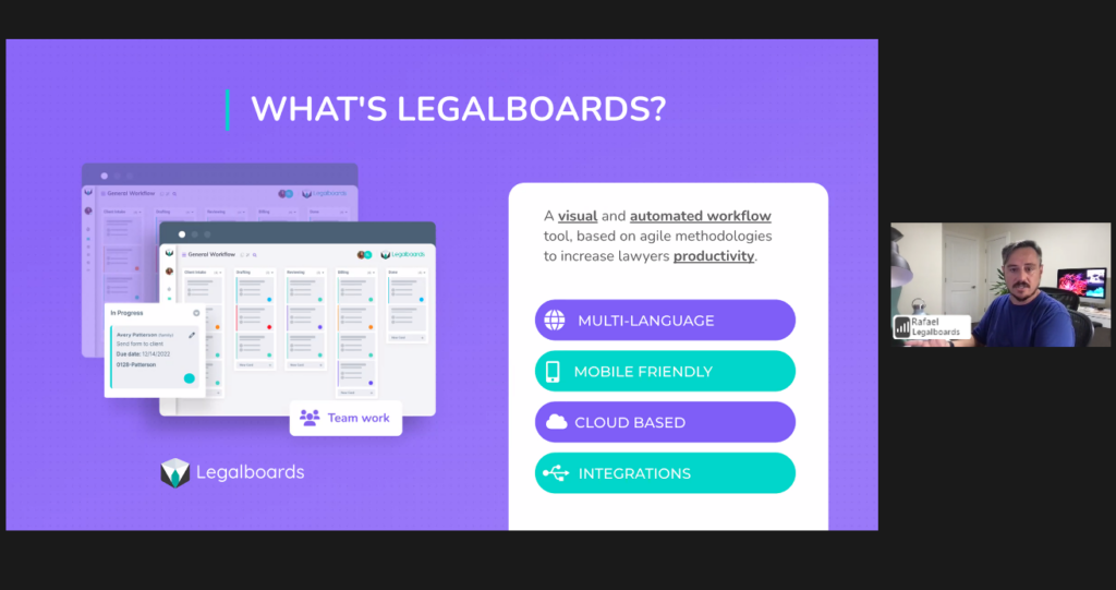 Legalboards CEO Rafael explaining what Legalboards is and how the MyCase and Legalboards integration works using product demonstration of Legalboards